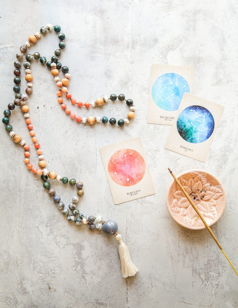 mala beads with oracle cards & incense